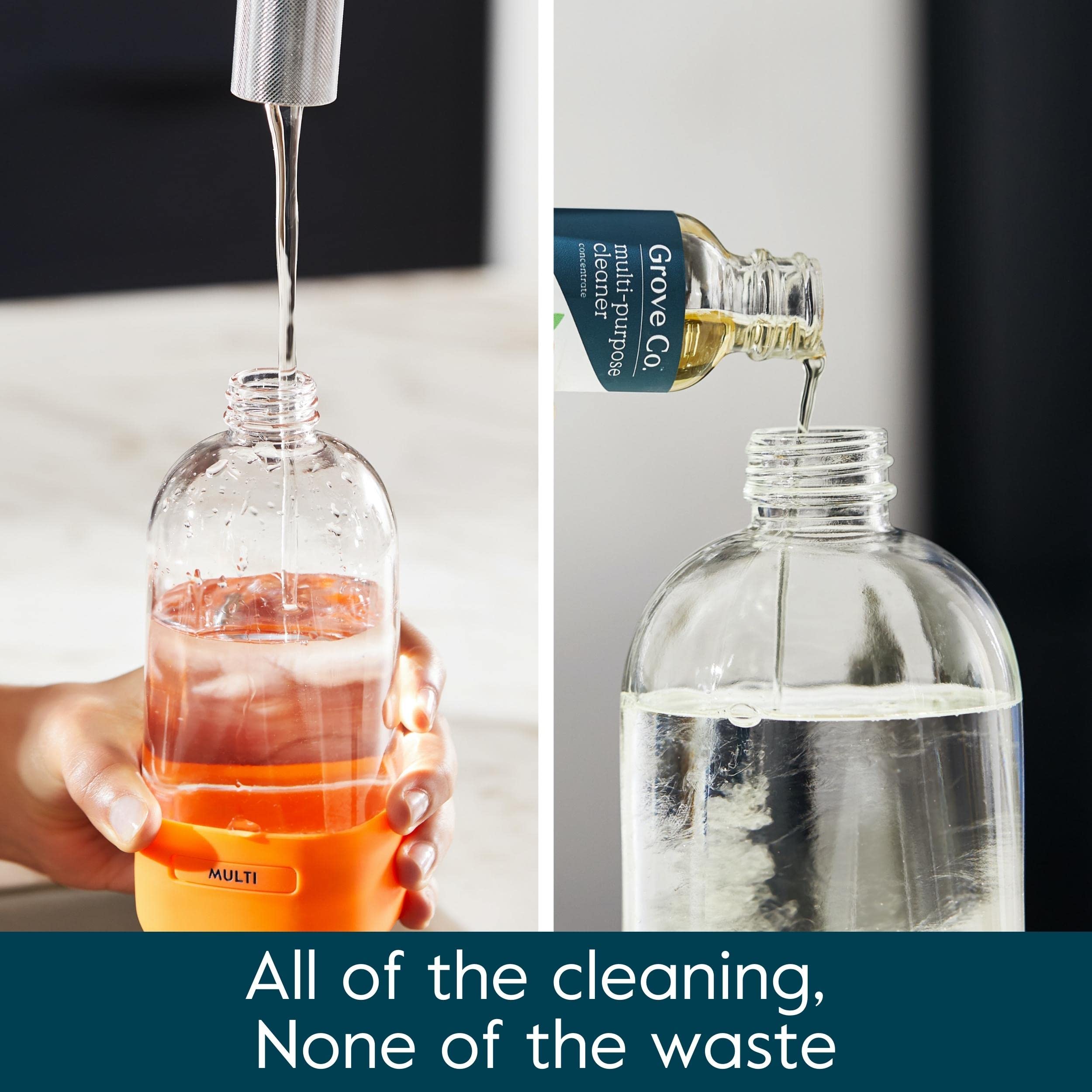 Grove Co. concentrate 6x1oz demonstrates easy dilution into spray bottles.