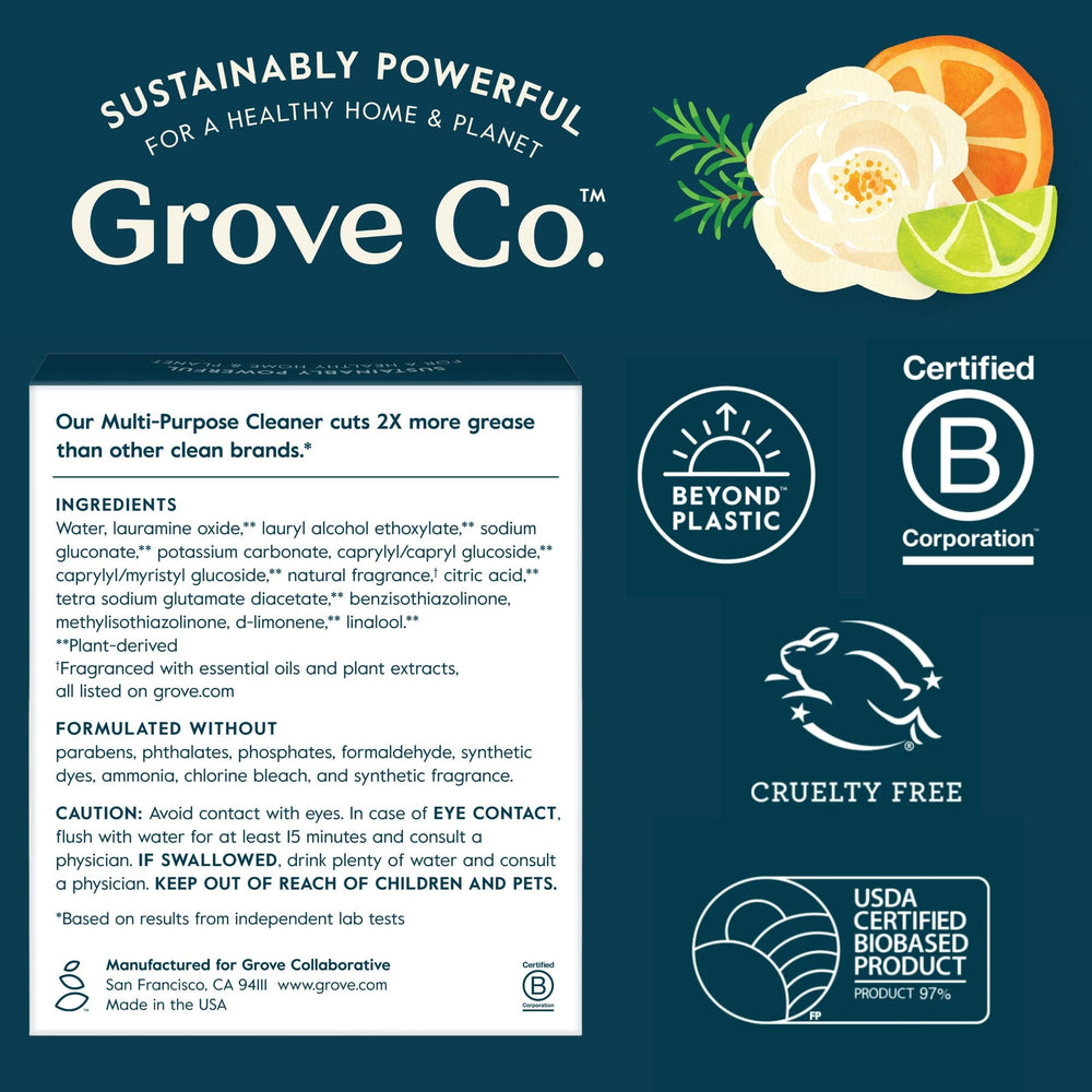 Grove Co. recyclable glass and paper packaging showcases sustainable design.