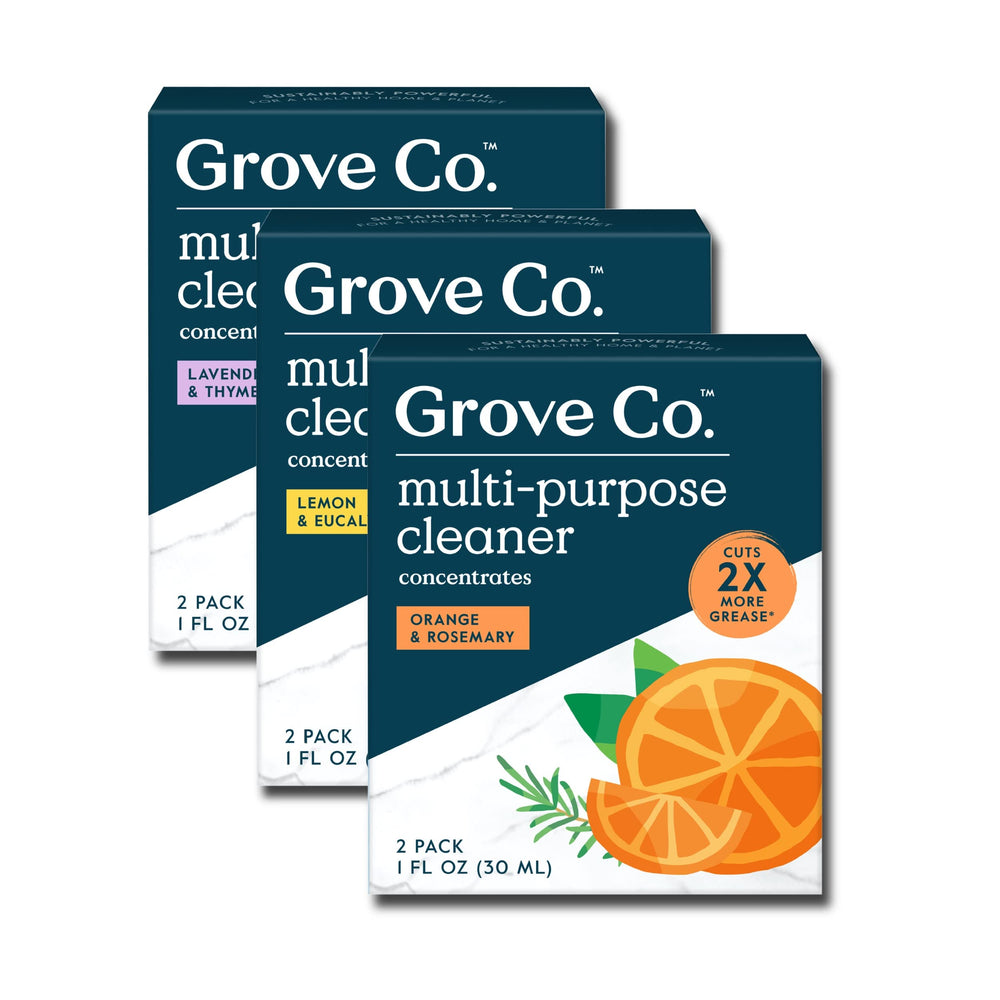 Grove Co. orange rosemary refill demonstrates convenient 6x1oz bottles for daily cleaning.