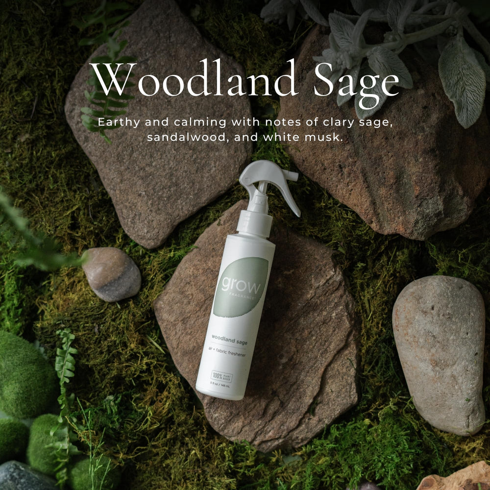 Room scene with fabric refresh using Grow Fragrance Blondewood Woodland Sage.