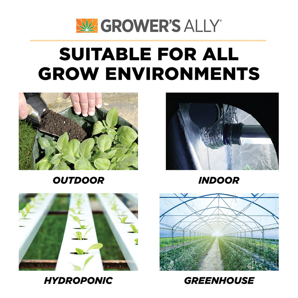 Greenhouse use of Grower's Ally fungicide spray for broad plant protection.