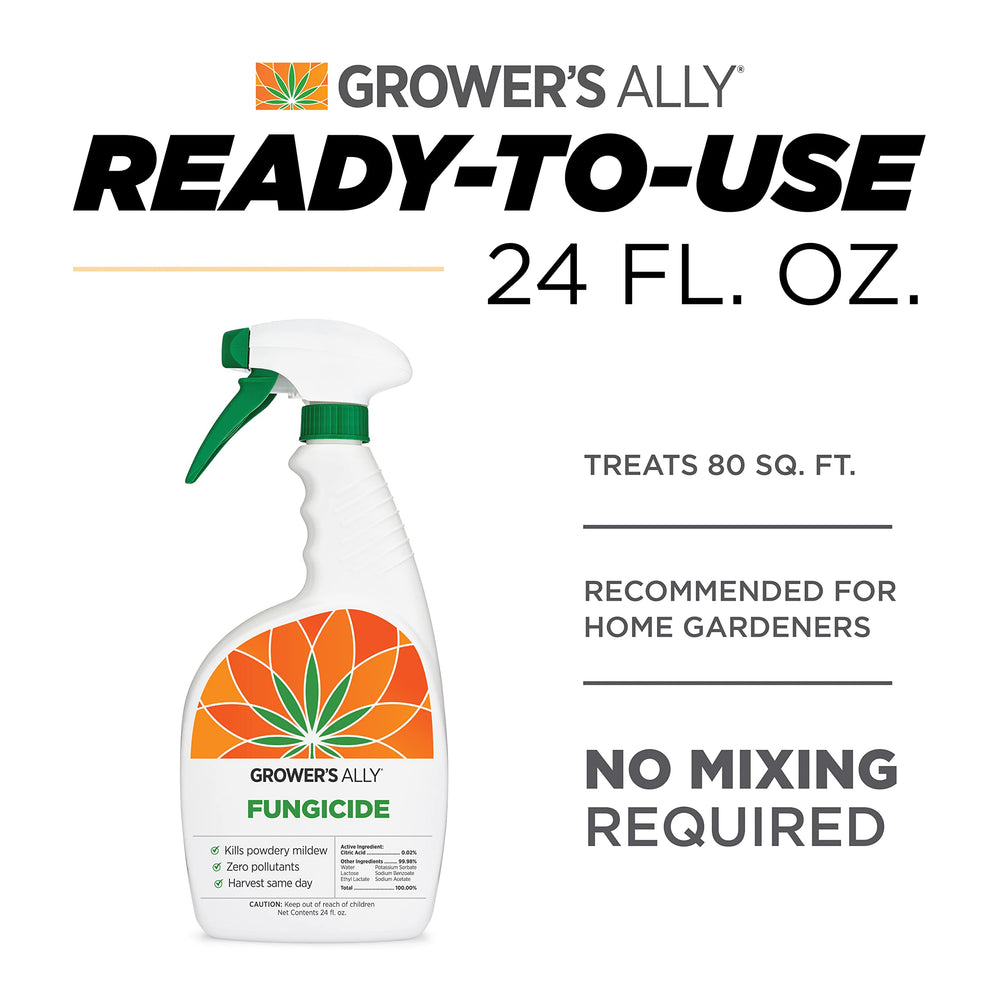 Packaging and 24 oz size of Grower's Ally for outdoor garden applications.