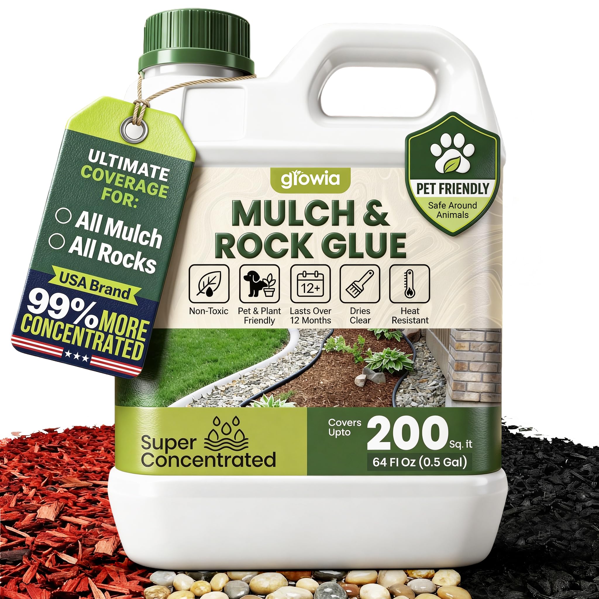 Growia Mulch Glue bottle close-up, showcasing non-toxic, permeable binder for safe garden use.
