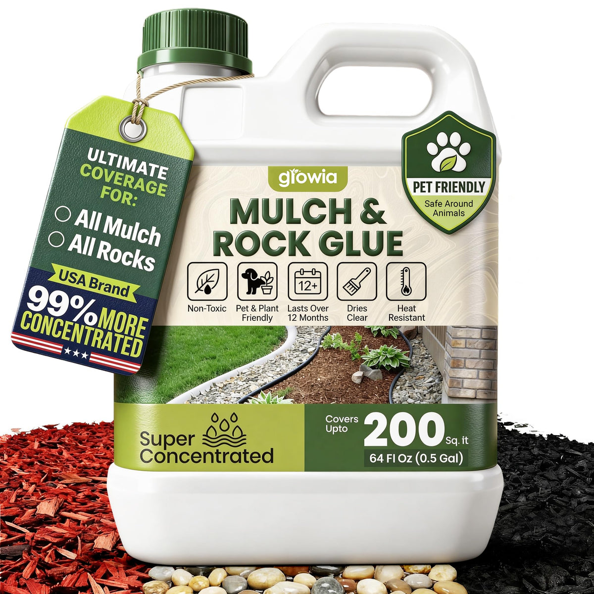 Growia Mulch Glue bottle close-up, showcasing non-toxic, permeable binder for safe garden use.
