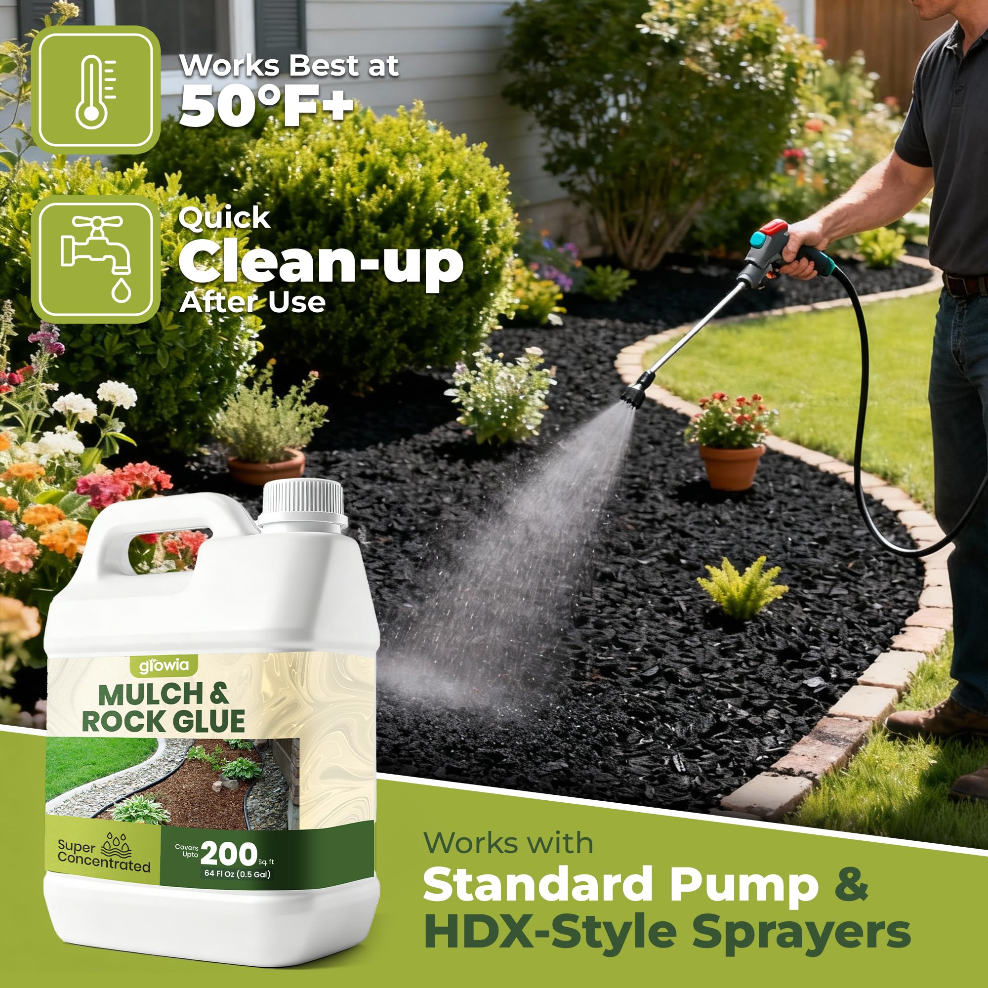 Growia Mulch Glue on garden path keeps chips and pebbles in place.