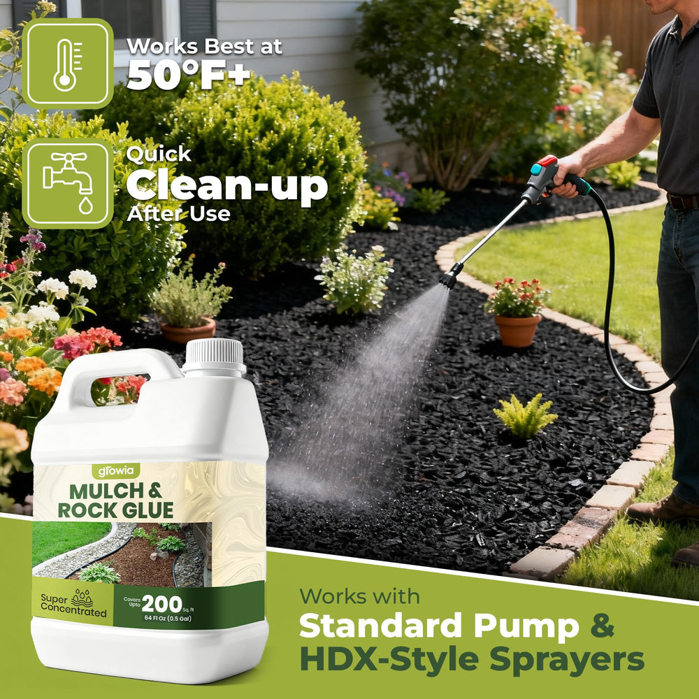 Growia Mulch Glue on garden path keeps chips and pebbles in place.