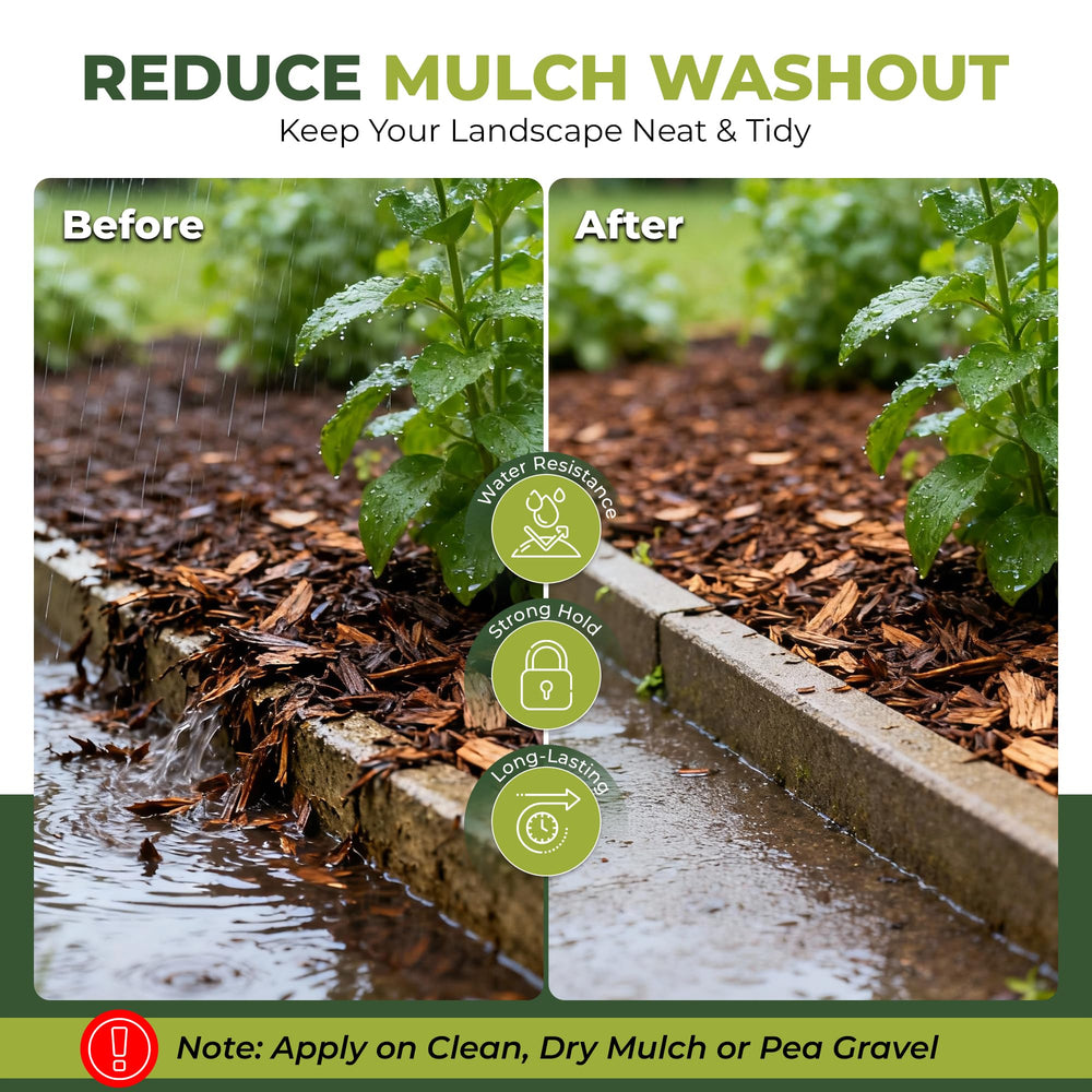 Growia Mulch Glue spray on gravel demonstrates fast-drying action in outdoor settings.