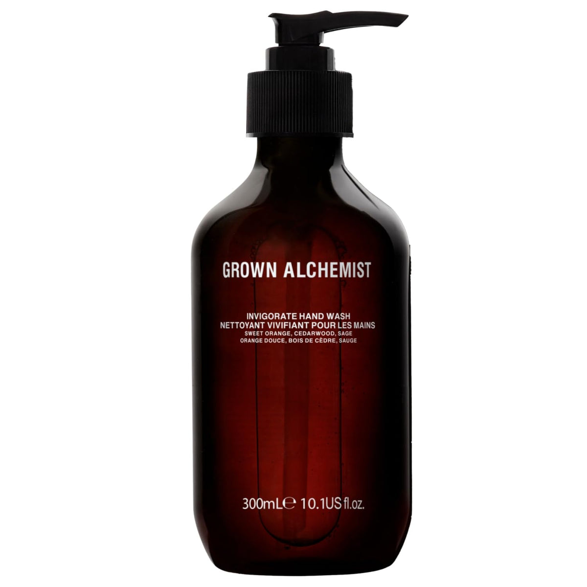 Grown Alchemist Invigorate Hand Wash bottle closeup highlights aloe-rich formula and citrus aroma.