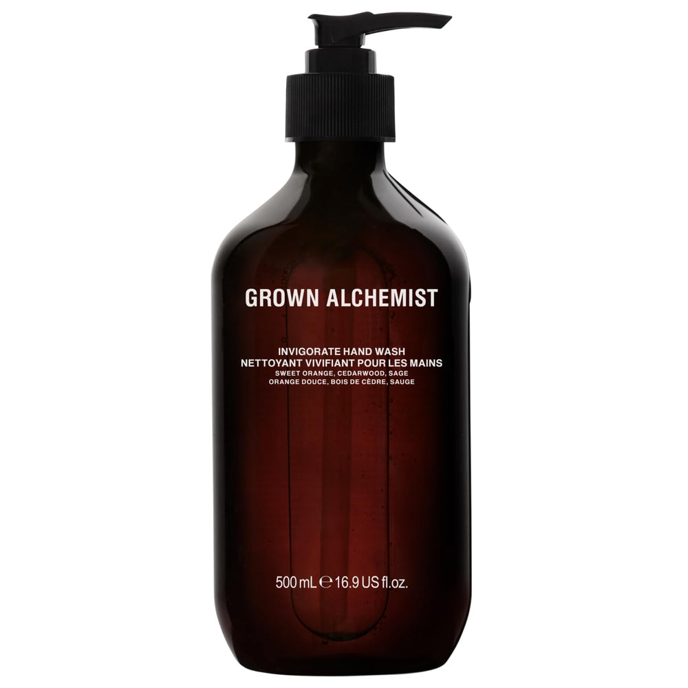 Grown Alchemist Invigorate hand wash bottle on sink, moisturizing cleansing.