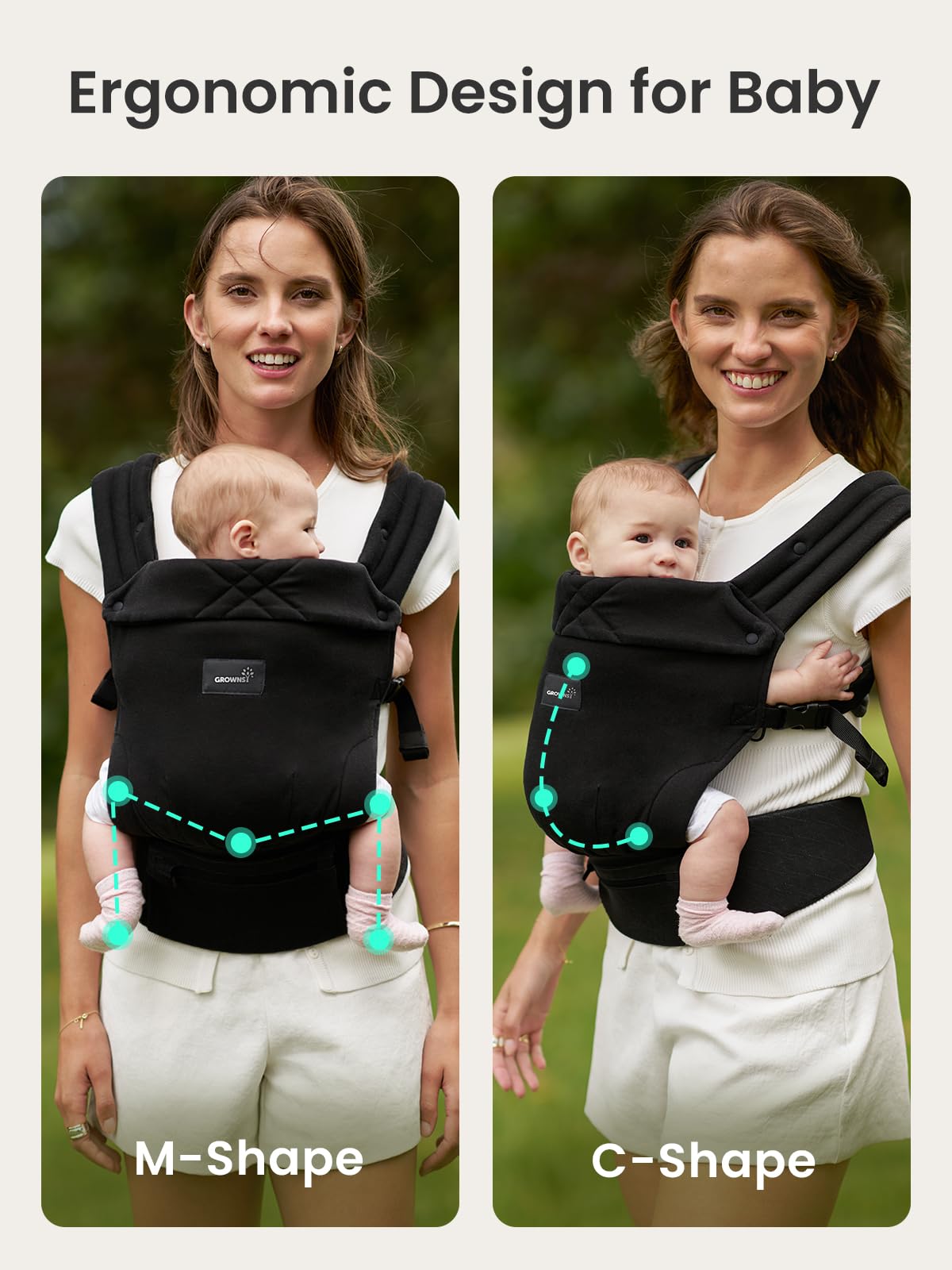 Grownsy adjustable waist strap grows with your baby from newborn to toddler.