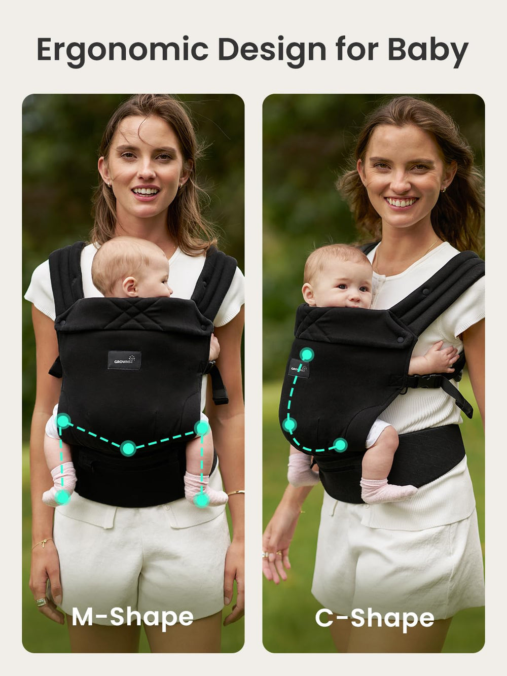 Grownsy adjustable waist strap grows with your baby from newborn to toddler.