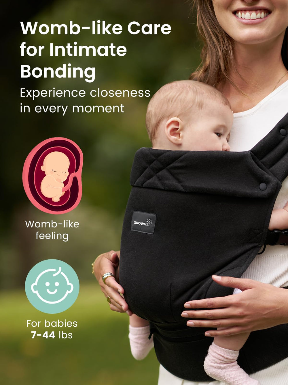 Grownsy baby carrier ergonomic M-shape posture supports baby's hip-friendly position.