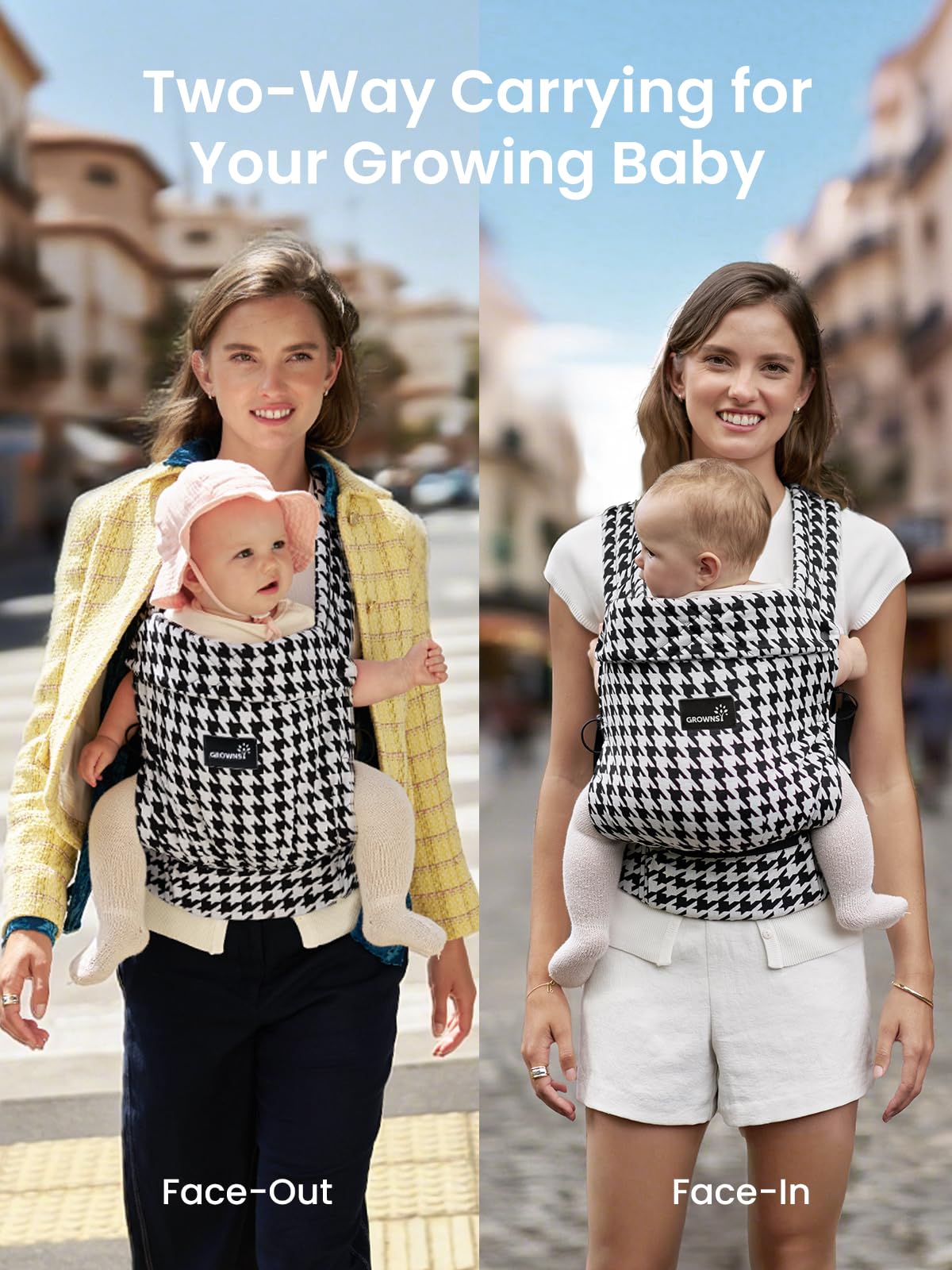 GROWNSY carrier showing ergonomic M-shaped posture for hip alignment