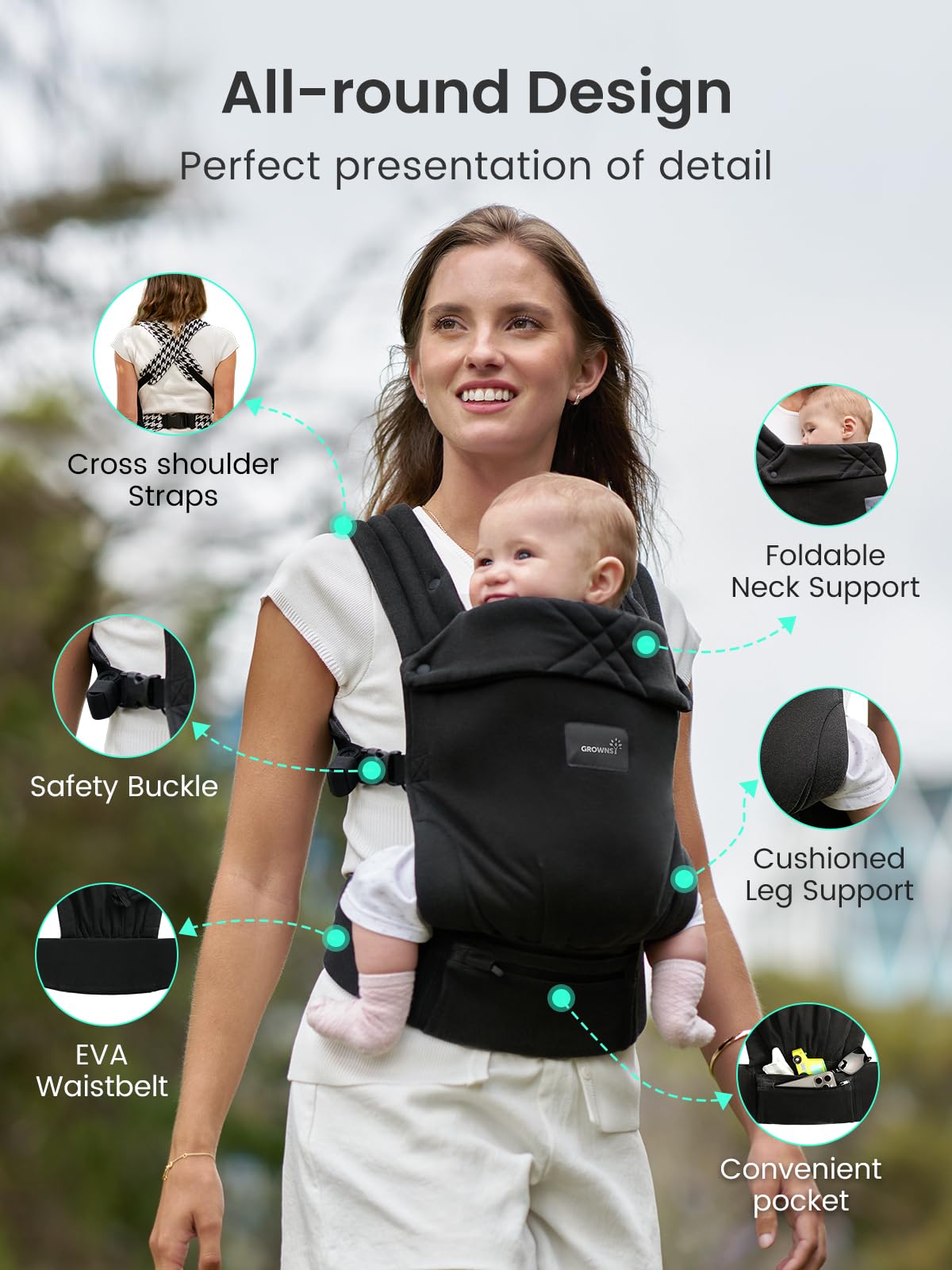 Grownsy baby carrier hands-free design enables easy multitasking on the go.