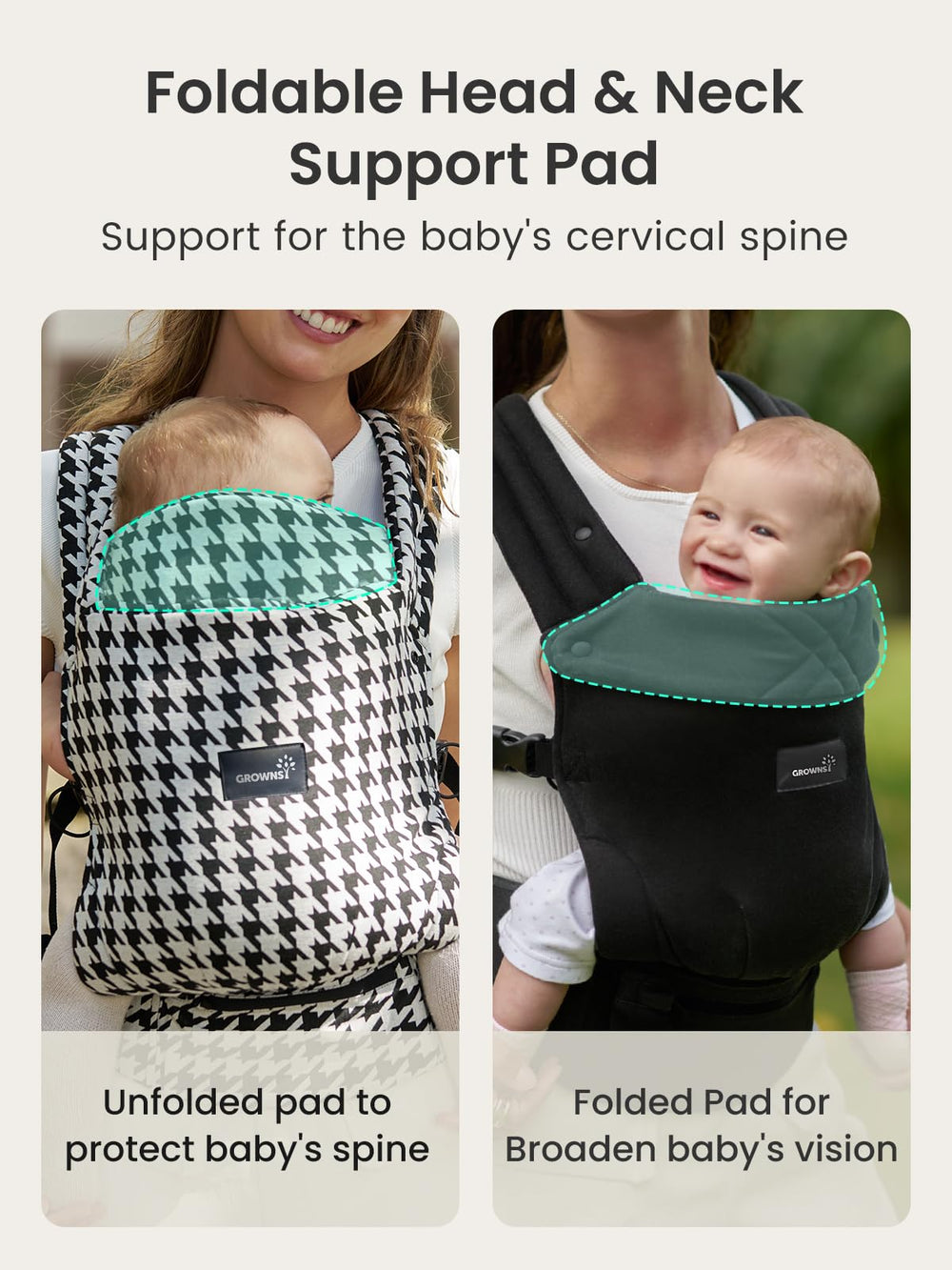 Grownsy baby carrier X-shaped back support balances weight for comfortable wear.