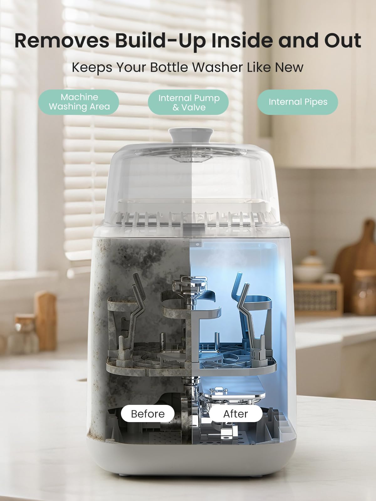 Grownsy tablets dissolve limescale and milk buildup for smoother cycles.