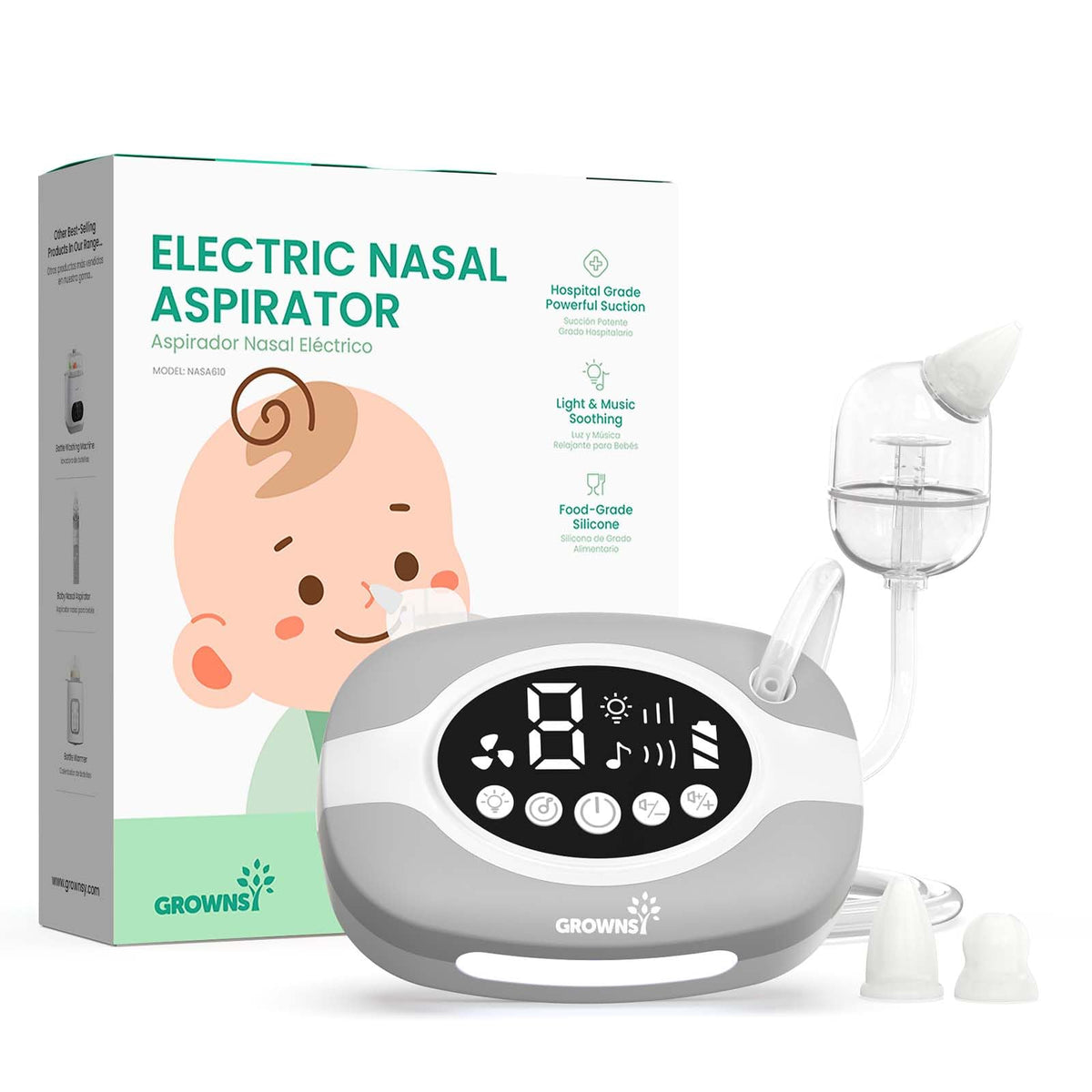 Grownsy electric nose suction for baby gently clears nasal passages.