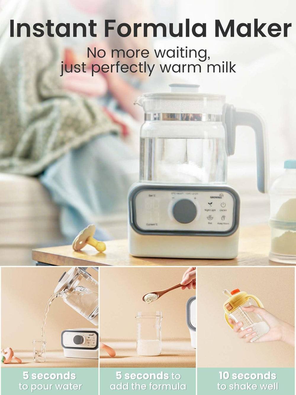 Grownsy instant warmer temperature display close-up for precise control
