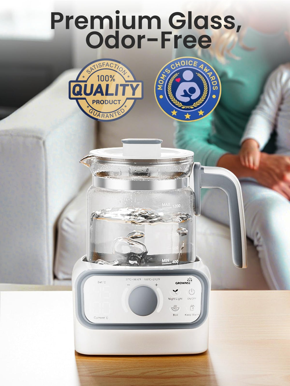 Grownsy instant warmer family-use setup in a modern kitchen