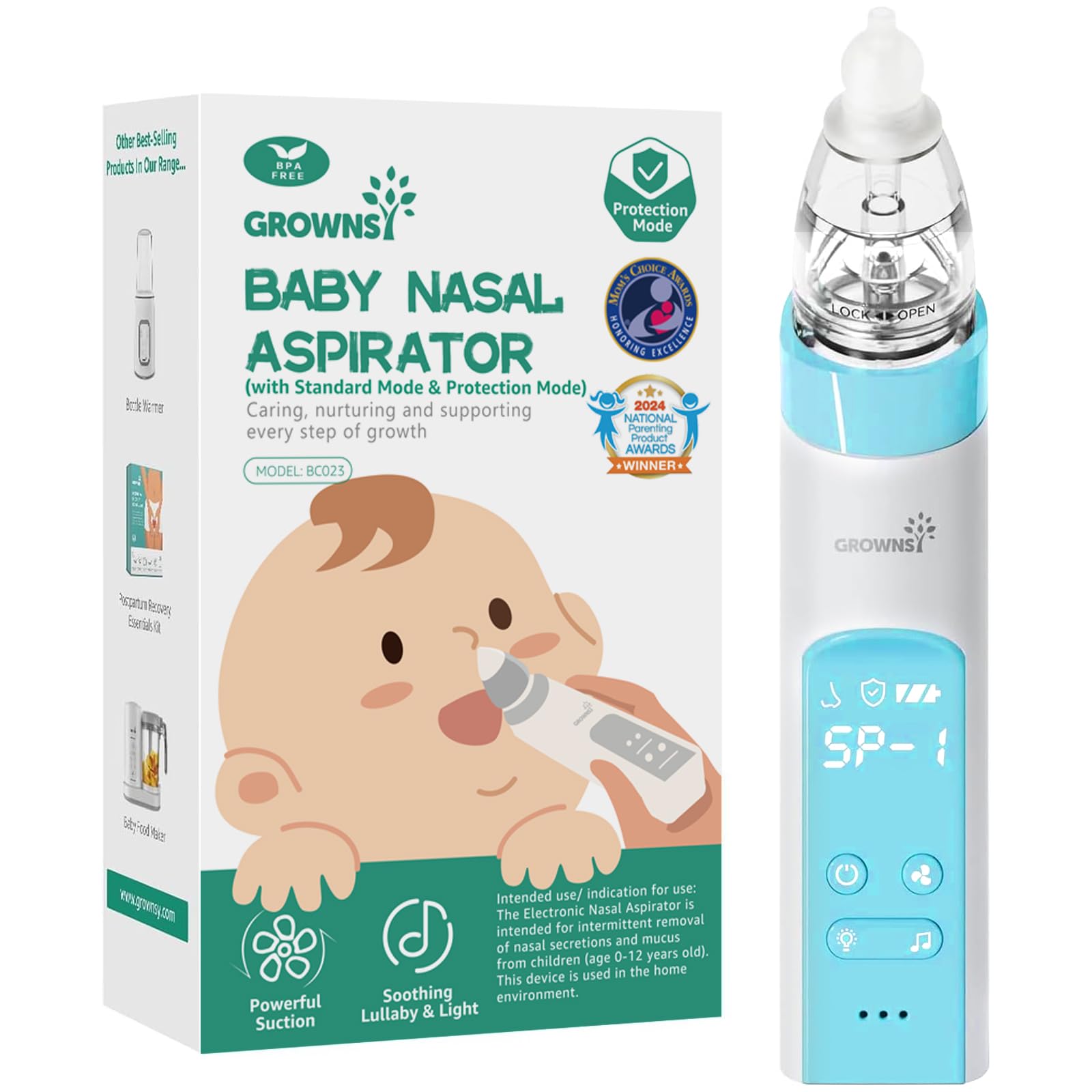 GROWNSY nasal aspirator showing protection mode for safe use
