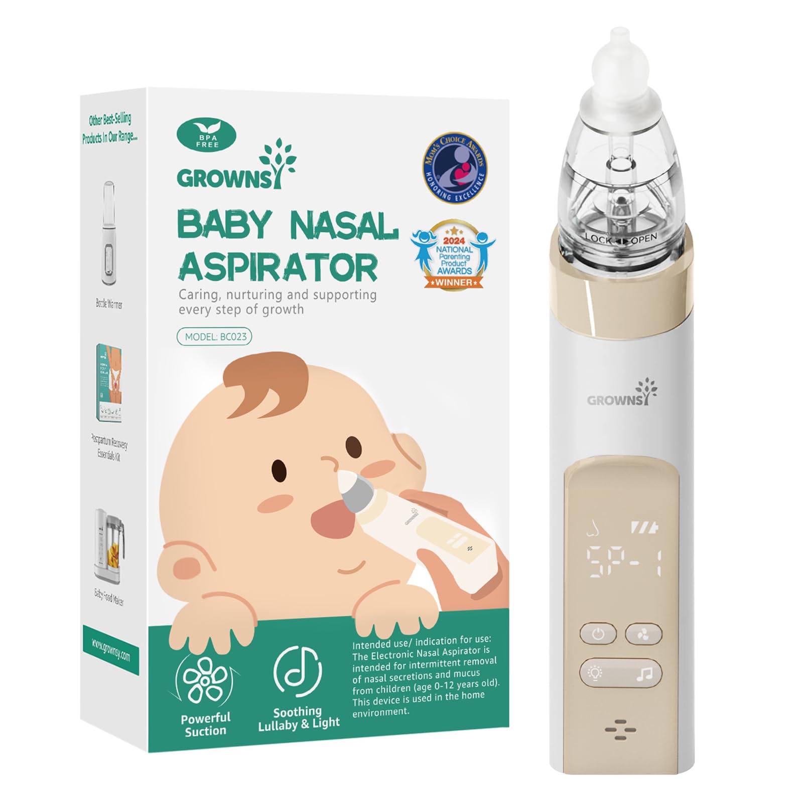 GROWNSY nasal aspirator beige front view, gentle relief for congested little noses.