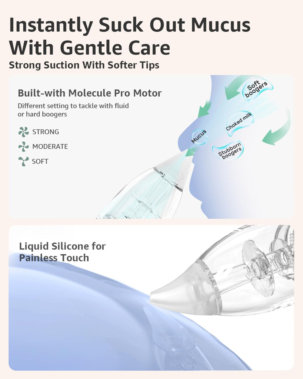 GROWNSY nasal aspirator beige tips included, ultra-gentle for newborn nasal passages.