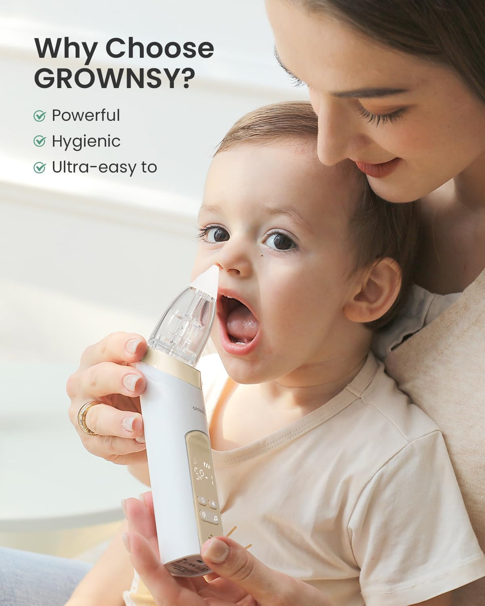 GROWNSY nasal aspirator large suction chamber, maintains consistent power with fewer emptyings.