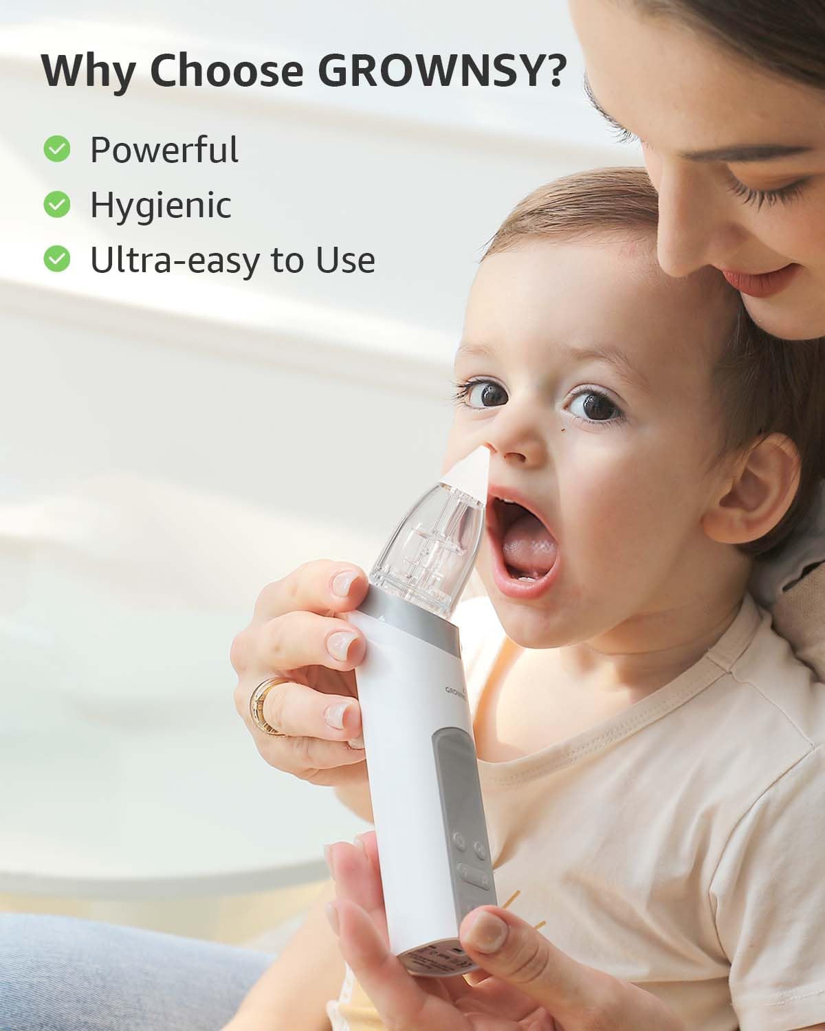 GROWNSY light and music soothe baby during cleaning.