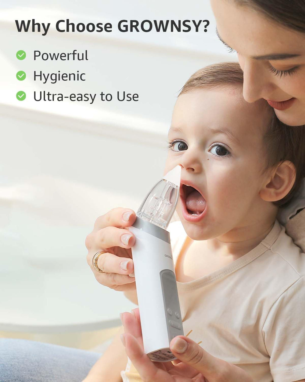 GROWNSY light and music soothe baby during cleaning.
