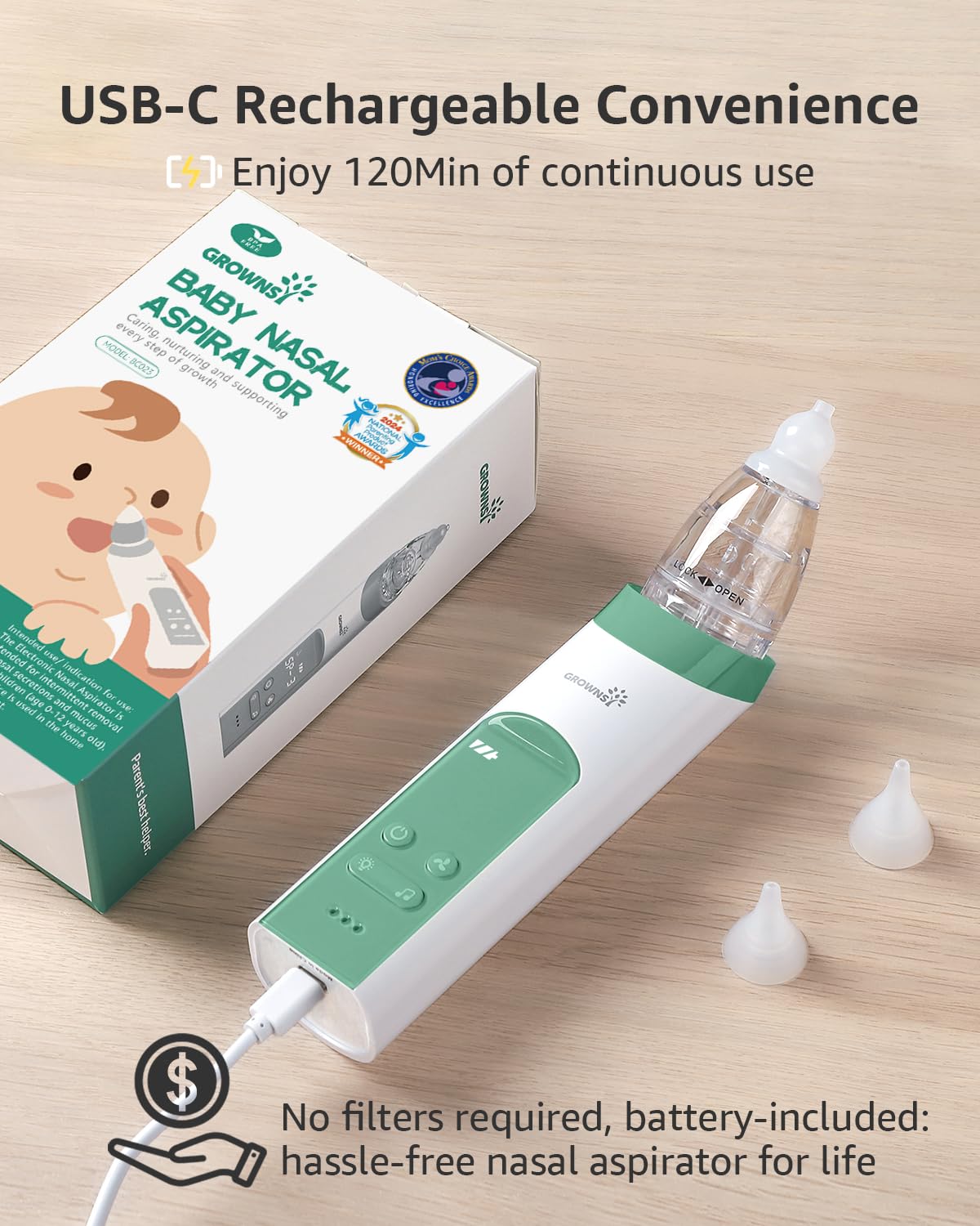 Grownsy nasal aspirator transparent mucus chamber for easy monitoring.