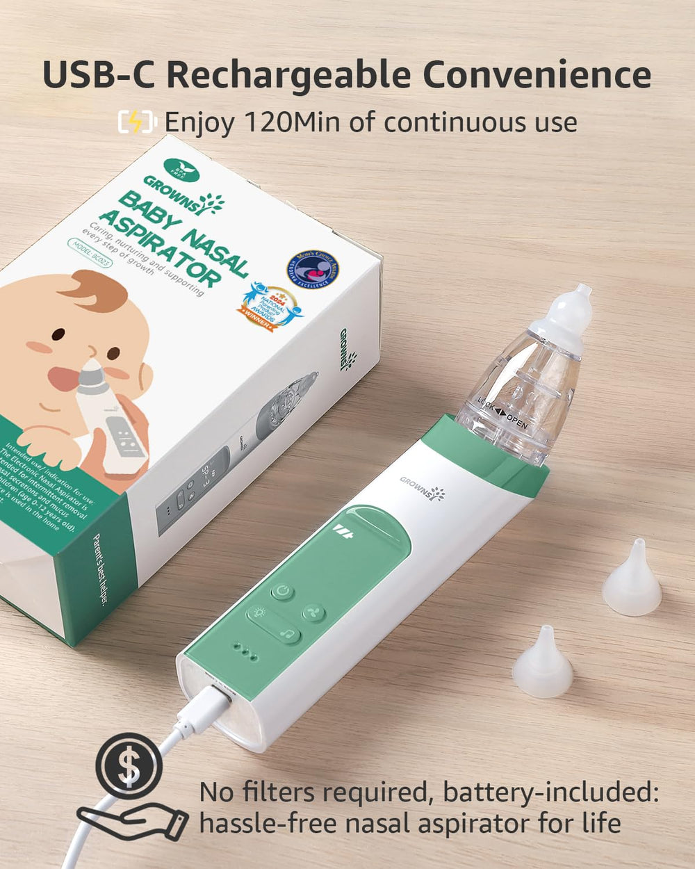 Grownsy nasal aspirator transparent mucus chamber for easy monitoring.