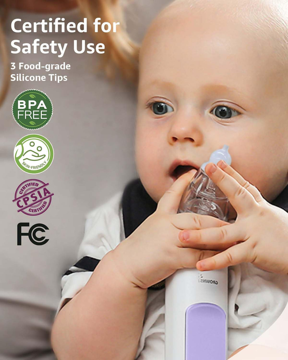 GROWNSY soft silicone tips protect delicate nasal passages.