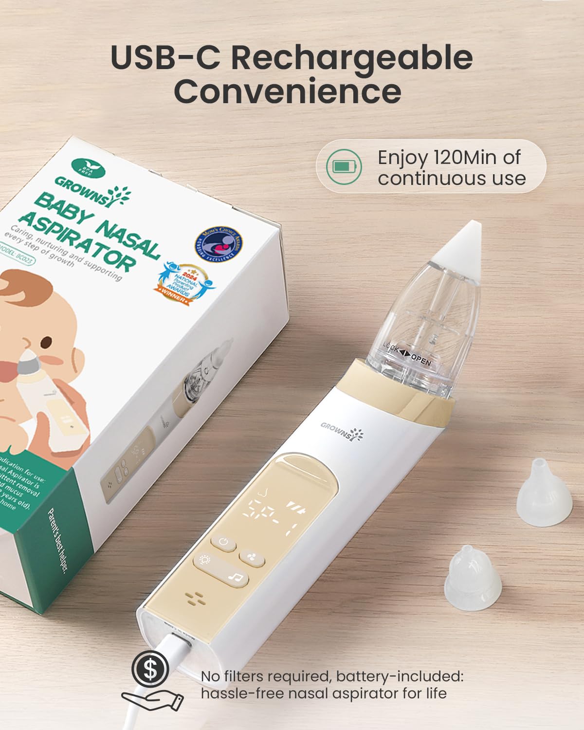 GROWNSY nasal aspirator transparent mucus chamber, easy cleaning after use.