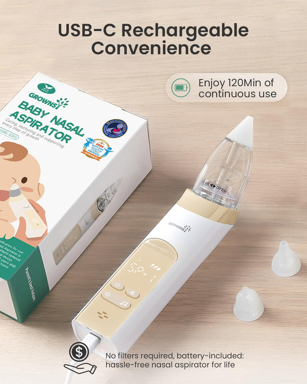 GROWNSY nasal aspirator transparent mucus chamber, easy cleaning after use.