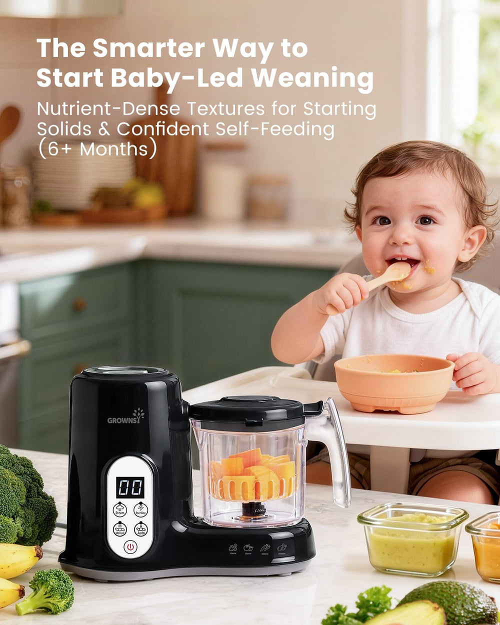 GROWNSY nutri-preserving steaming basket protects vitamins during cooking.