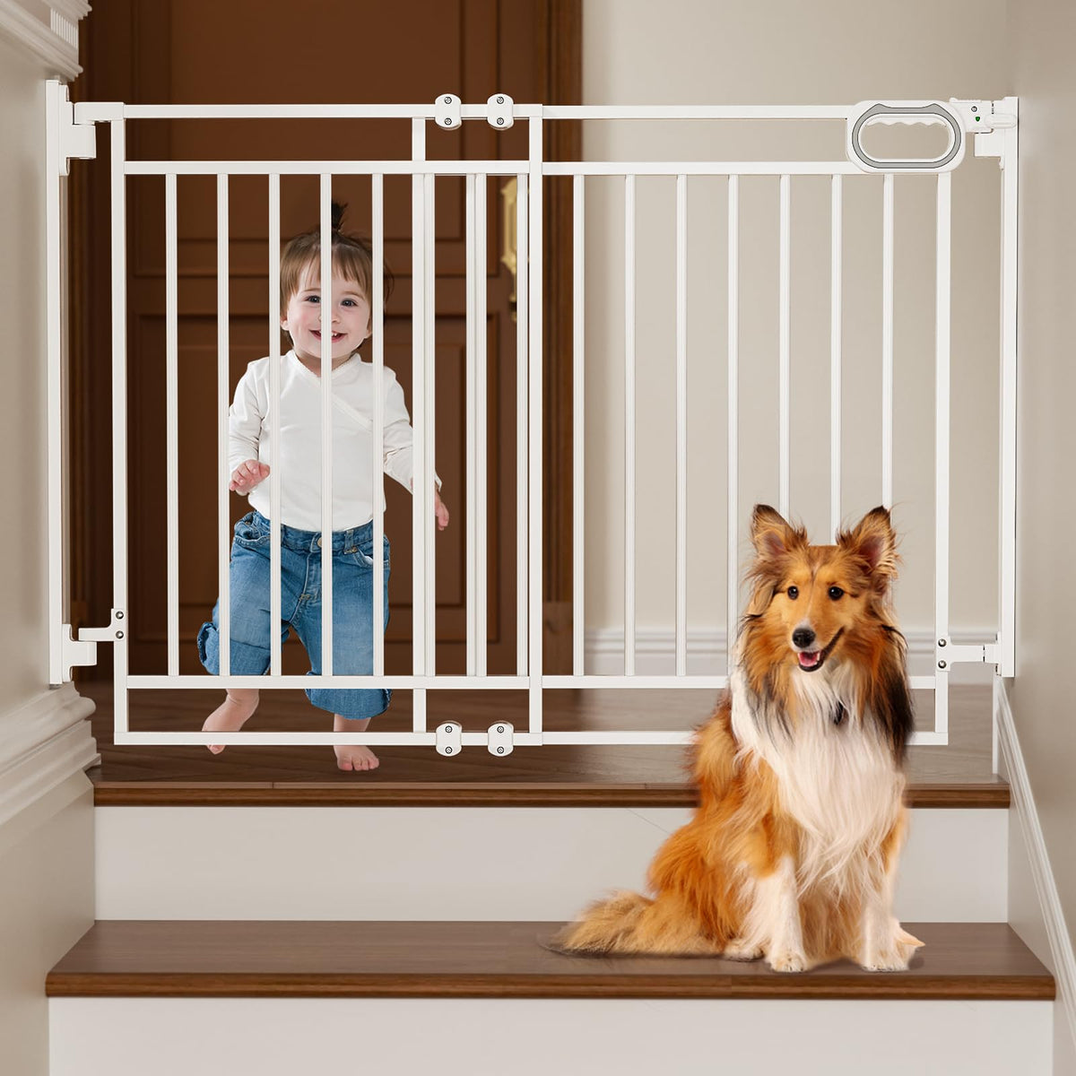 Grownsy stair gate with no bottom bar enables seamless passage on stairs 29.8–43.5 inches.