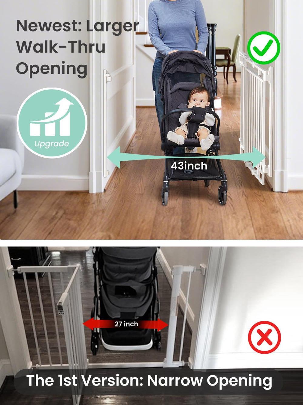 Grownsy stair gate one-hand operation eases doorway access while holding a child.
