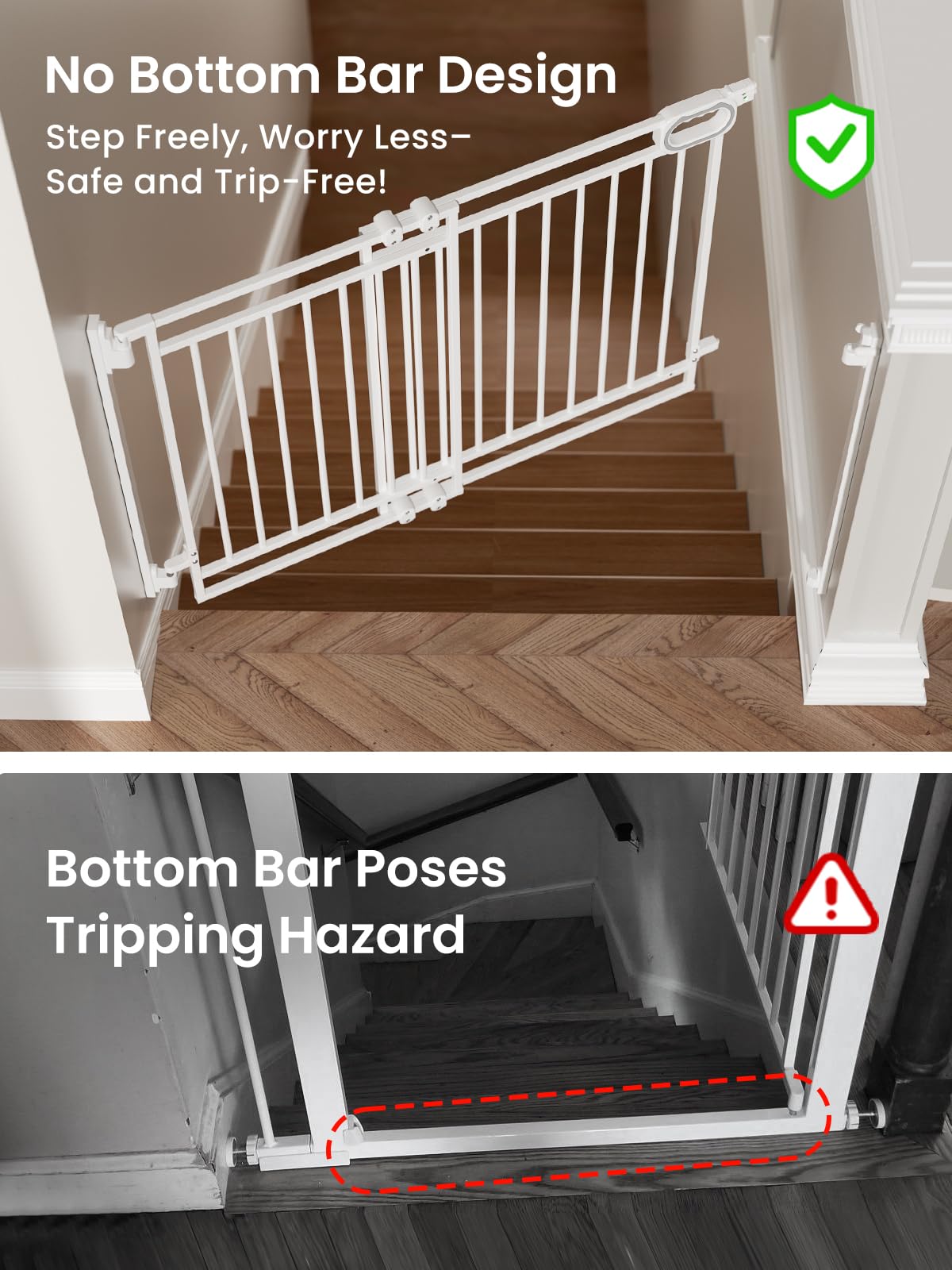 Grownsy stair gate wide-opening enables easy passage for strollers and pets.