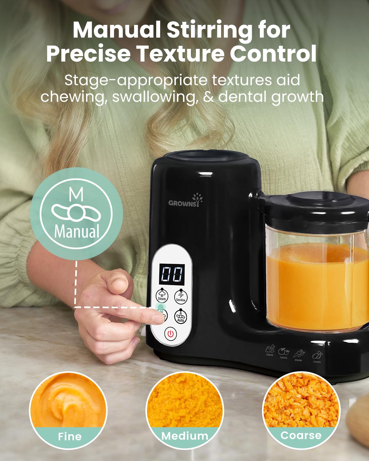GROWNSY two mixing modes tailor texture for baby preferences.