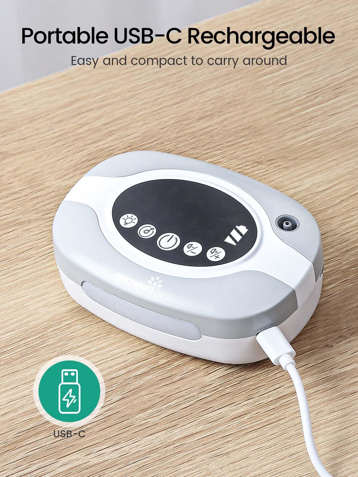 Grownsy USB charging keeps device ready for on-the-go moments.