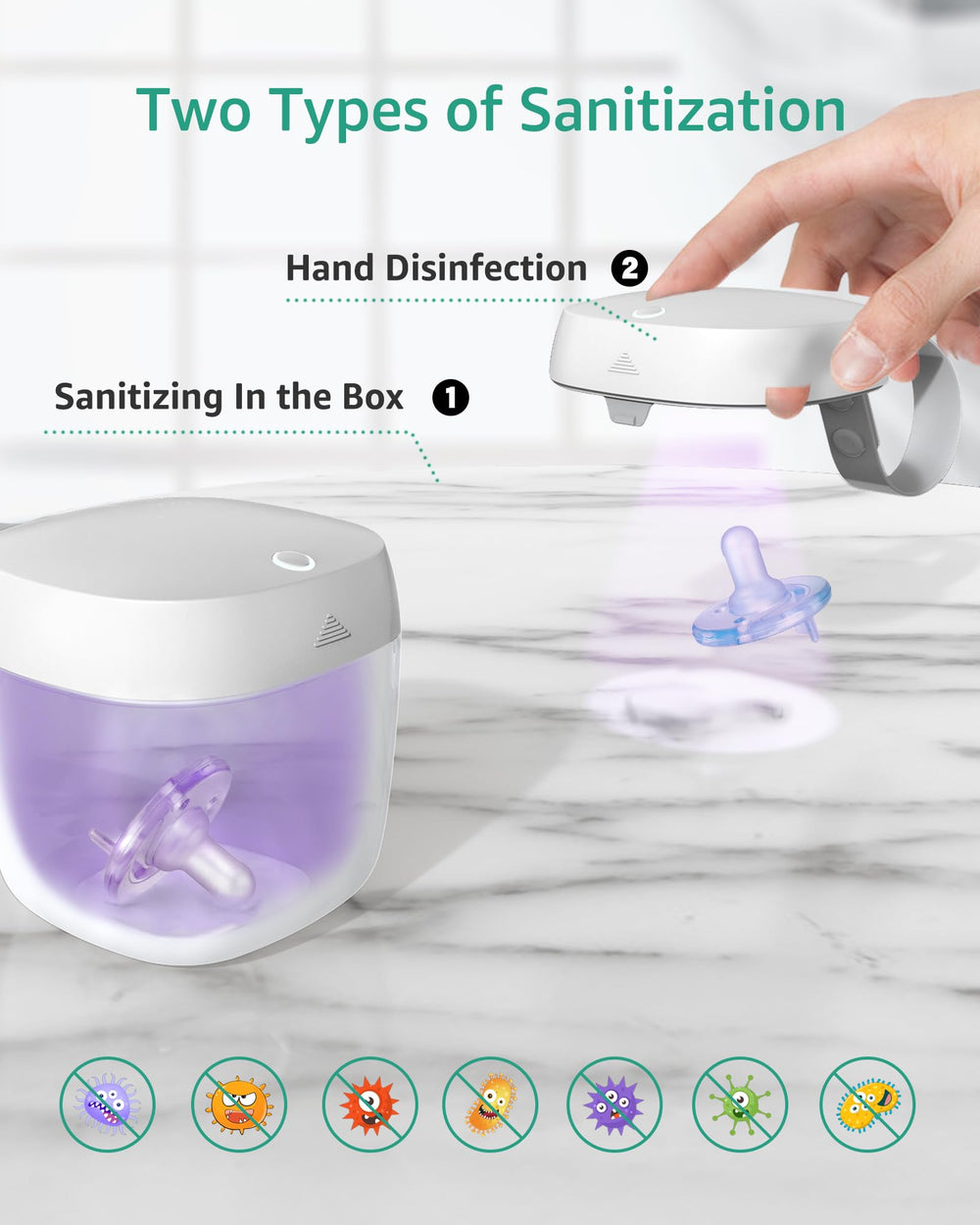 GrownsY Pacifier Sanitizer lid operation shows two-in-one disinfection method
