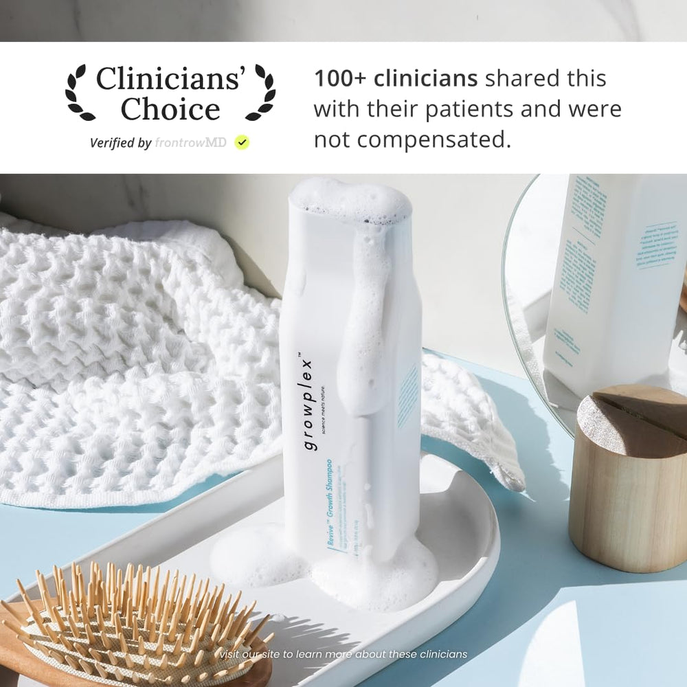 Growplex Revive Shampoo label closeup highlights biotin and caffeine benefits.