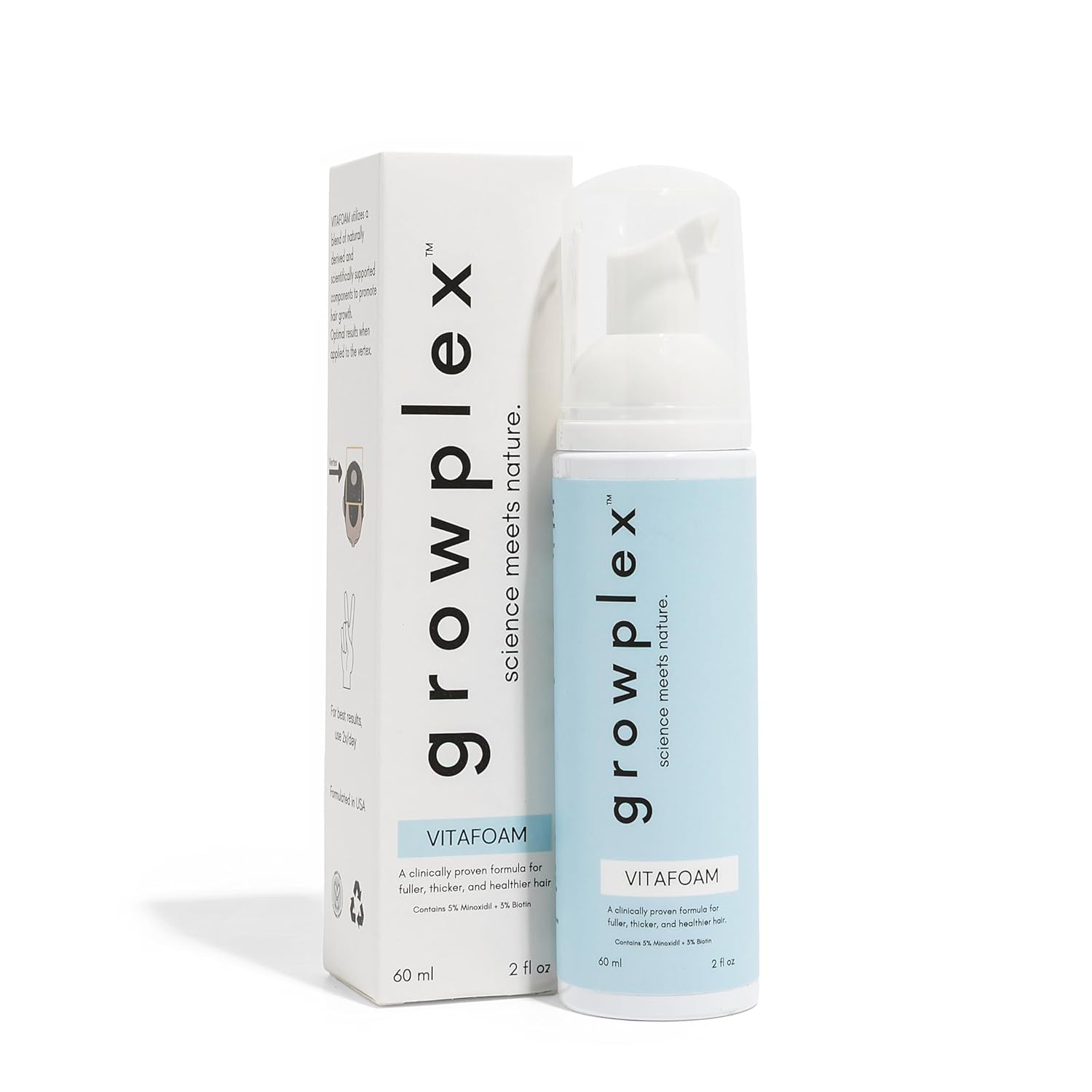 Growplex Vitafoam 5% minoxidil foam packaging for easy, targeted use on thinning areas.