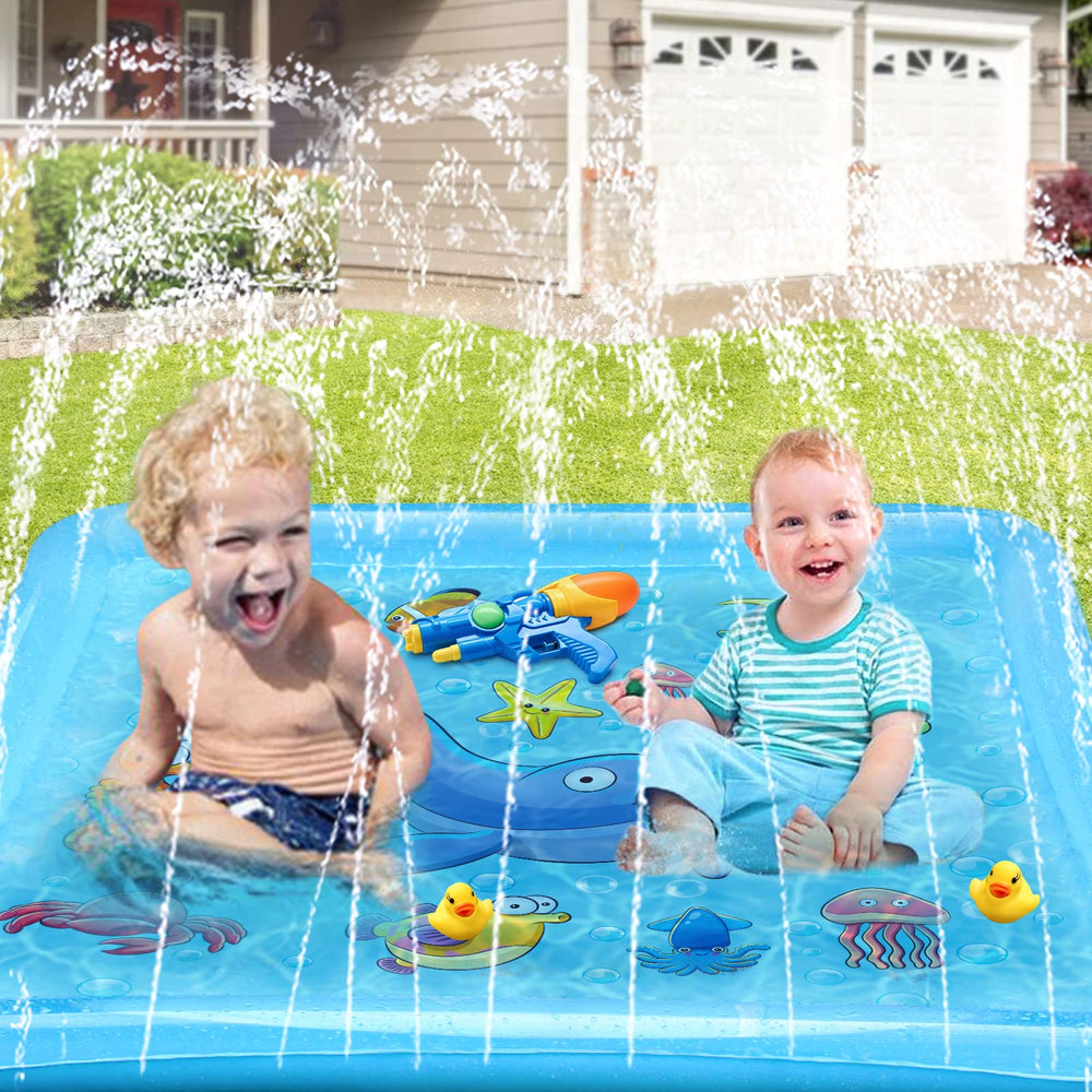Growsland Splash Pad includes toys and slide for interactive outdoor play.