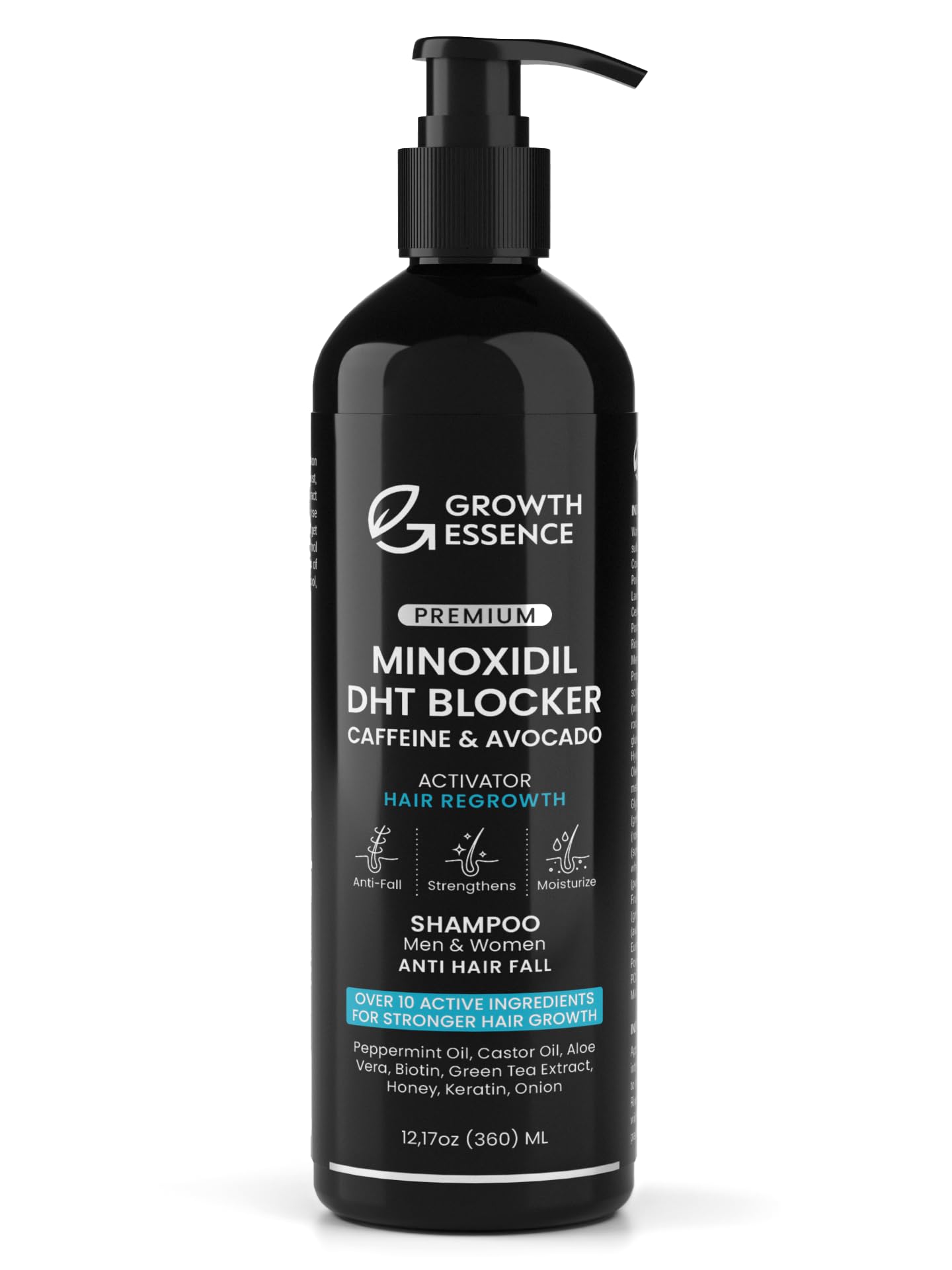 Growth Essence Minoxidil Shampoo bottle front highlighting growth-supporting formula for daily scalp care.