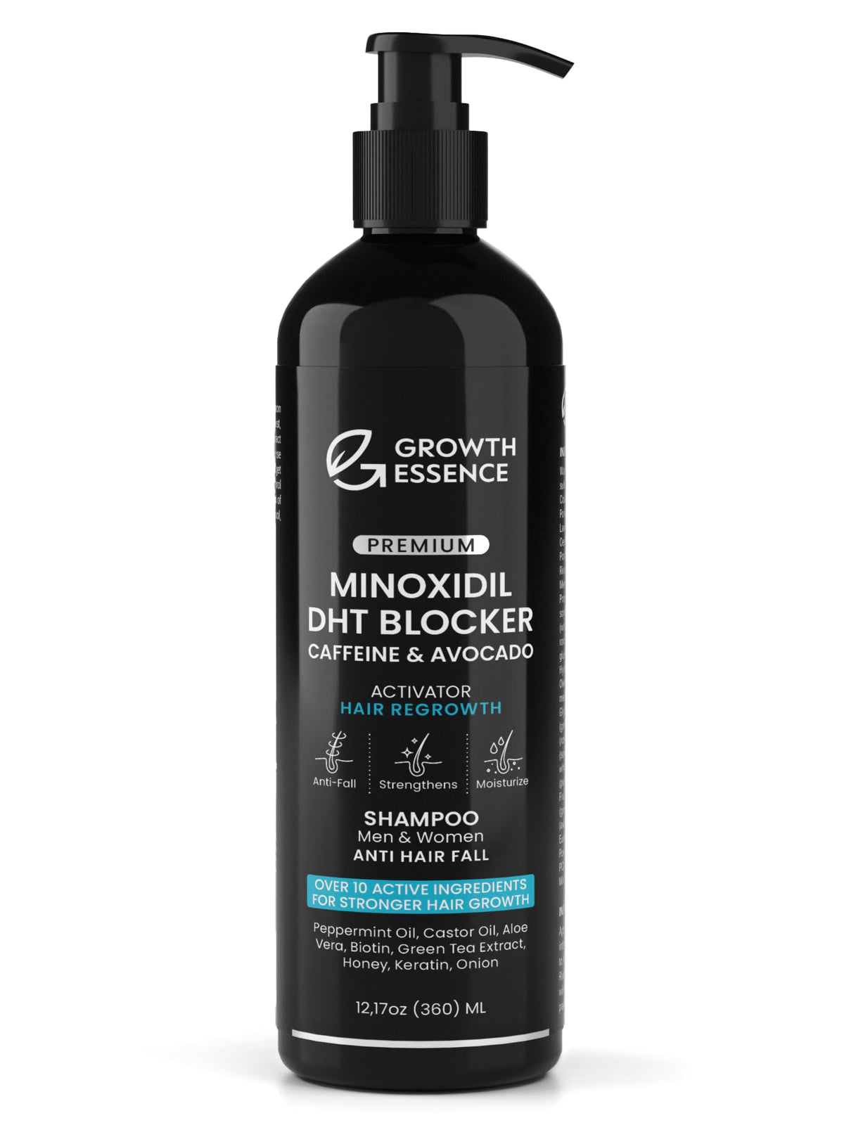 Growth Essence Minoxidil Shampoo bottle front highlighting growth-supporting formula for daily scalp care.