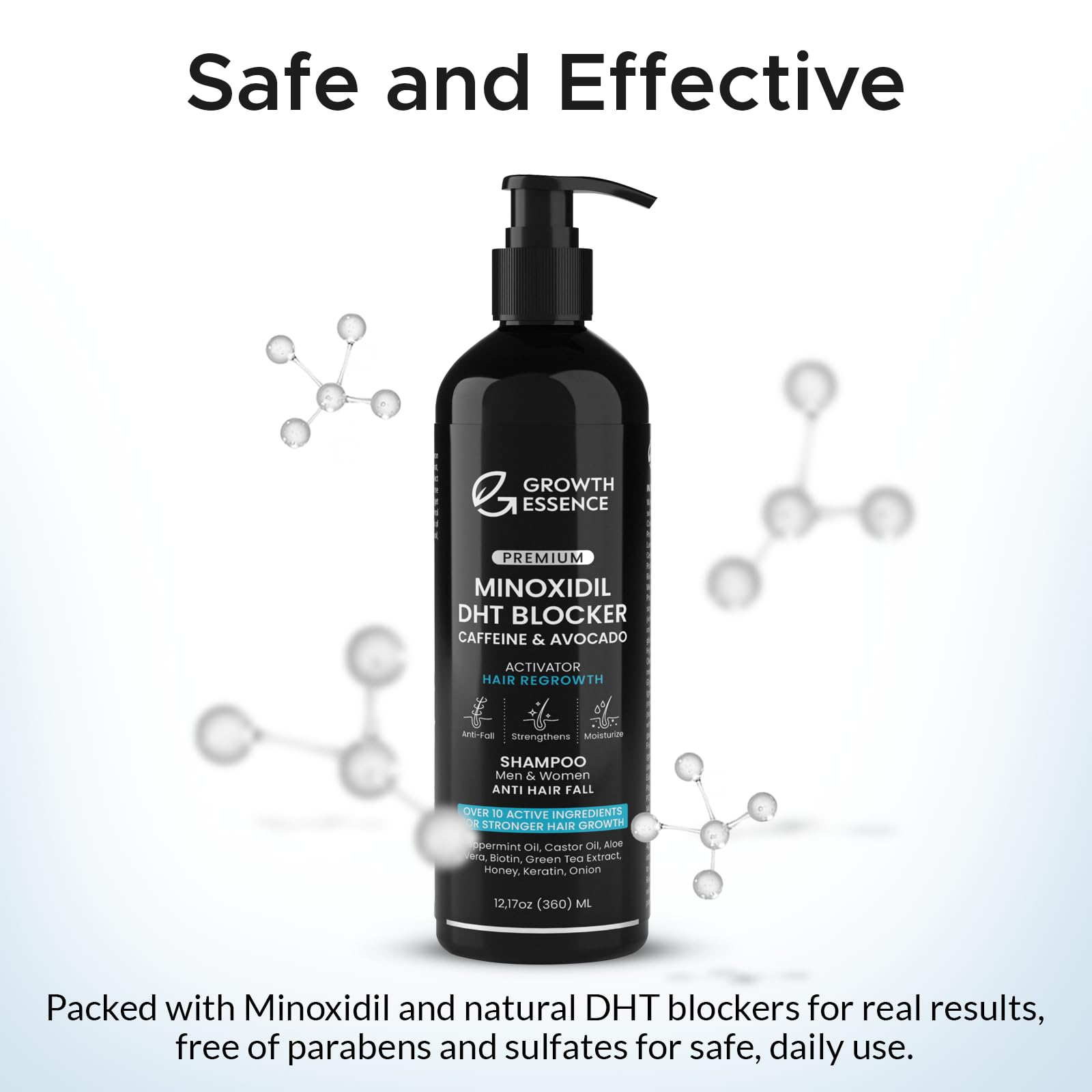 Sulfate-free and paraben-free Growth Essence label emphasizes gentle daily use.