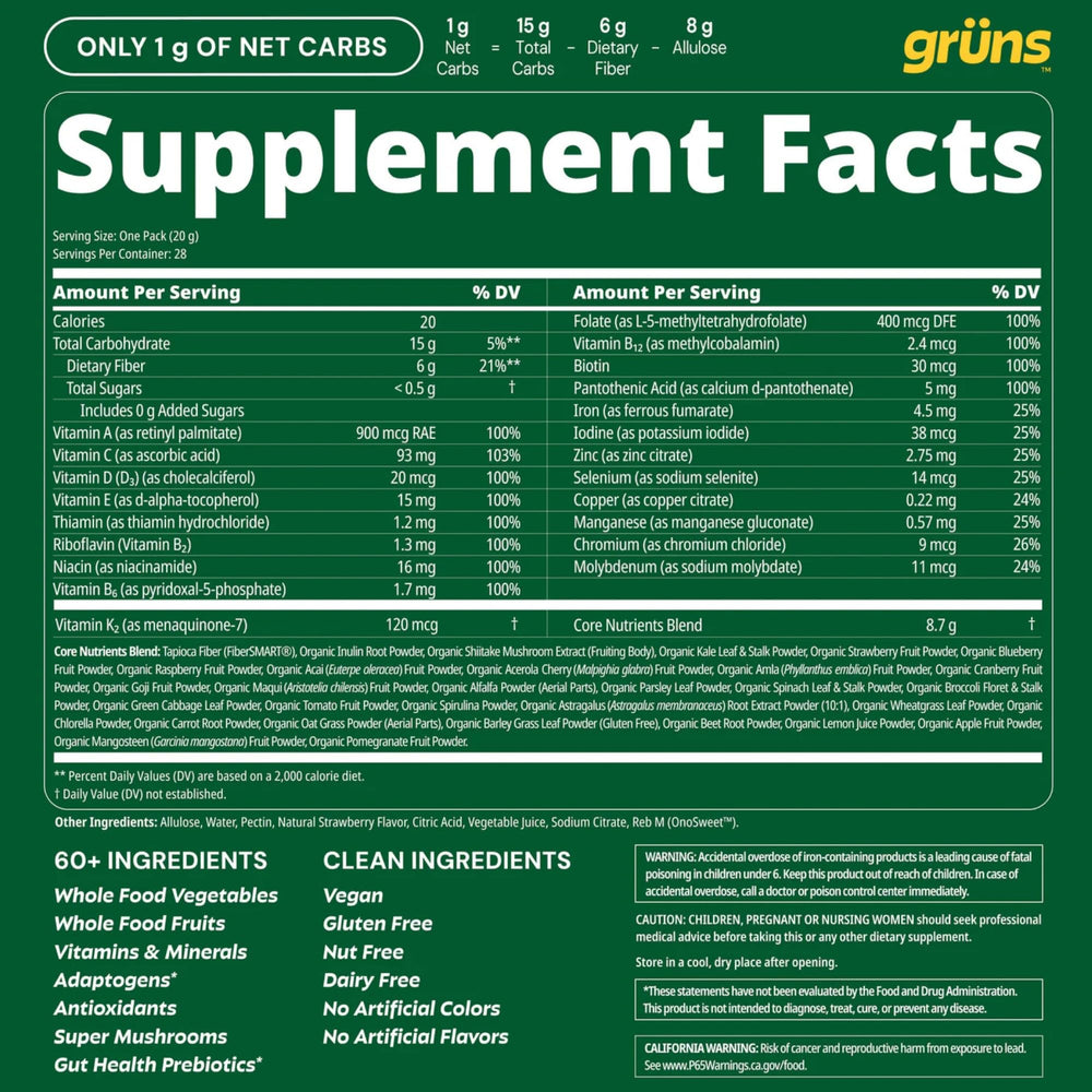 Grüns Gruns 60+ ingredients in one tasty gummy boost.