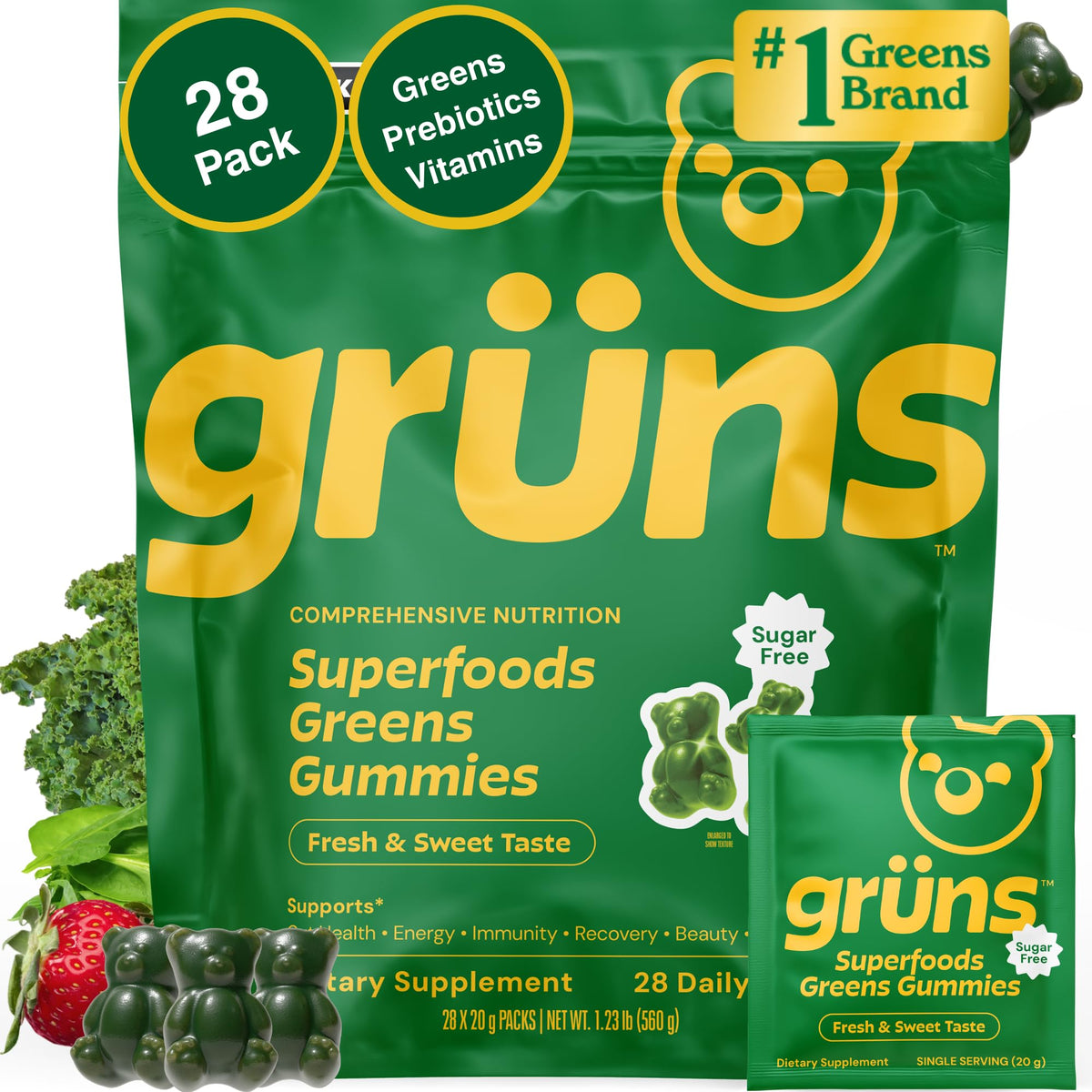 Grüns Gruns adult sugar-free greens gummies bottle closeup for convenient daily vitamins.