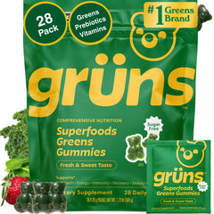 Grüns Gruns adult sugar-free greens gummies bottle closeup for convenient daily vitamins.